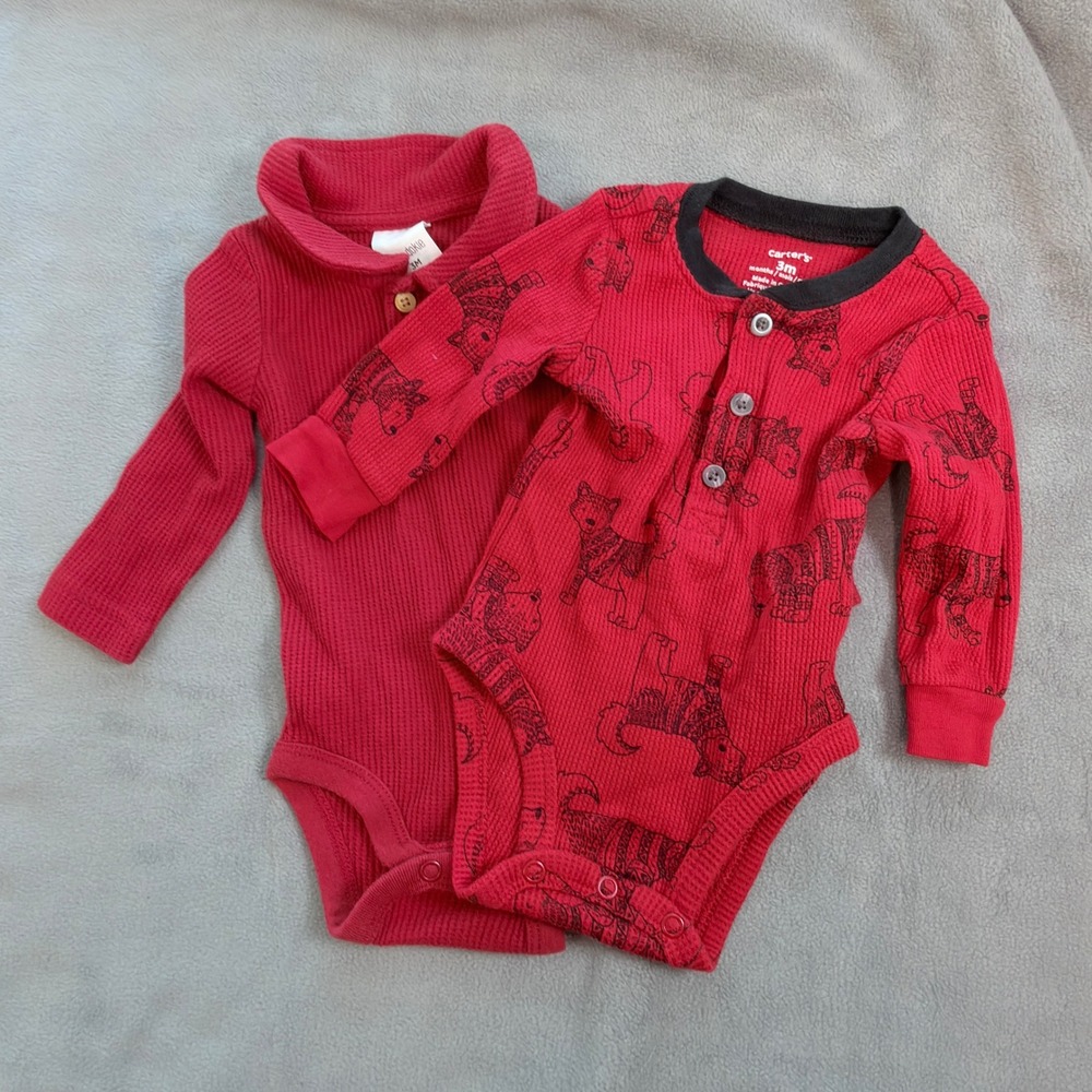 Carter's Okie Dokie Bodysuit Baby 3M Red Excellent Thermal Waffle Knit Set 2pc